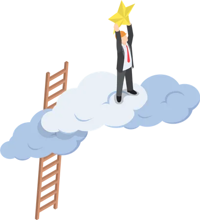 Isometric Businessman Climbing Up Over The Cloud And Reaching Hands To The Star Business Success Concept Illustration