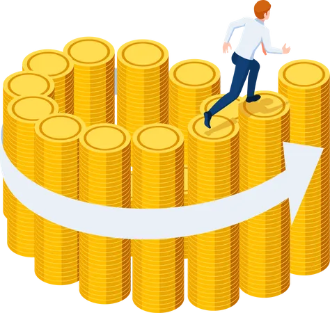 Flat 3 D Isometric Businessman Running On The Swirl Staircase Of Golden Coin Stacks Business Success And Financial Concept Illustration