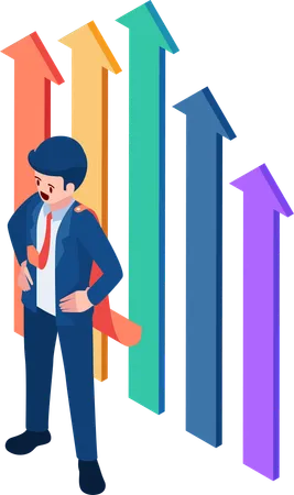 Flat 3 D Isometric Businessman Standing With Increasing Graph Business Success And Leadership Concept Illustration