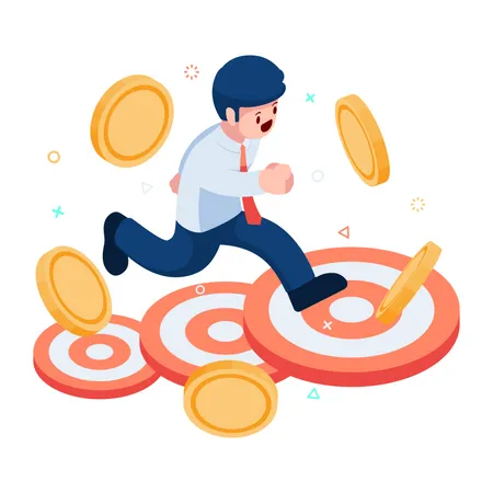 Flat 3 D Isometric Businessman Jumping To The Higher Target Business Success And Target Achievement Concept イラスト