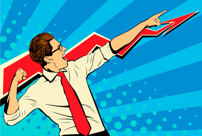 Business success businessman showing the top of the chart and screaming with joy. Retro style pop art. White adult male Caucasian  Illustration