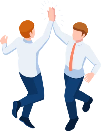Flat 3 D Isometric Two Businessmen Jumping And Giving High Five In The Air Business Success Celebration Concept Illustration