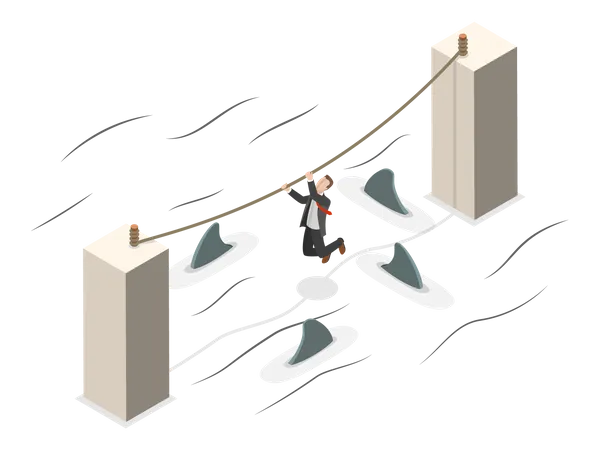 Obstacles Overcoming Flat Isometric Vector Concept A Businessman Is Trying To Get To The Other Pillar Using A Rope With Sharks Floating Beneath Him Illustration