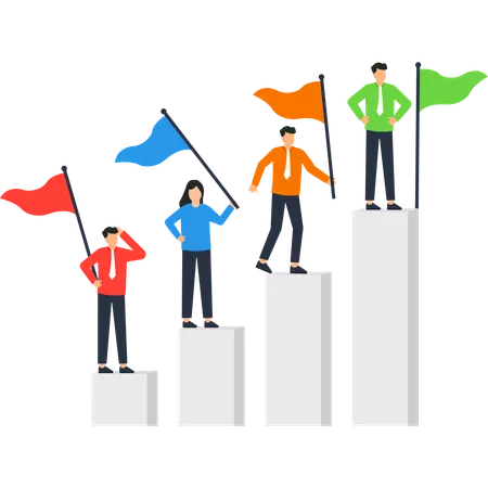 Business Success Team Achieving Goals Together Flags Progress Chart  Illustration