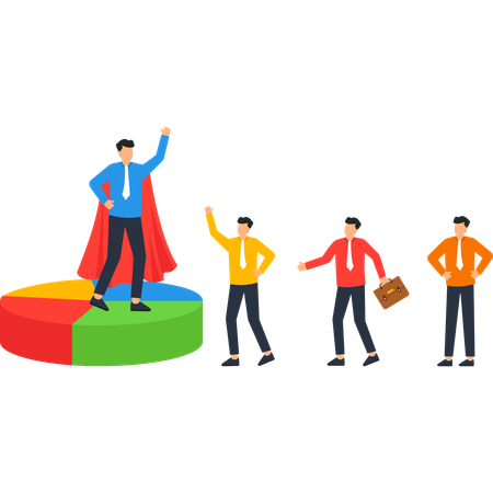 Business-Superheld führt Team zum Erfolg mit Kreisdiagrammen  Illustration