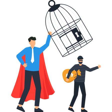 Business superhero stops thief stealing money bag  Illustration