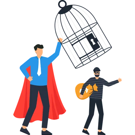 Business superhero stops thief stealing money bag  Illustration