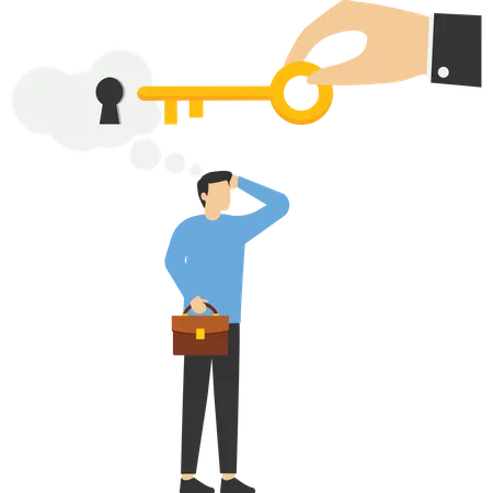 Business Support Or Help To Solve Problem Businessman Thinking With Idea As A Keyhole With Helping Hand Holding The Success Key Illustration