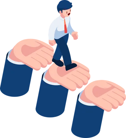 Flat 3 D Isometric Businesman Walking On Supporting Hands Business Support And Assistance Concept Illustration