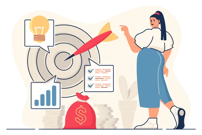 Business Target Concept For Web Banner Woman Following Successful Business Strategy Aim At Target Achievement Modern Person Scene Vector Illustration In Flat Cartoon Design With People Characters Illustration