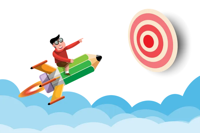 Cartoon Vector Illustration Education Target Concept Children Who Are Diligent And Planning Their Future Will Have Educational Goals Its Like A Child Riding A Pencil Rocket Towards A Target Illustration
