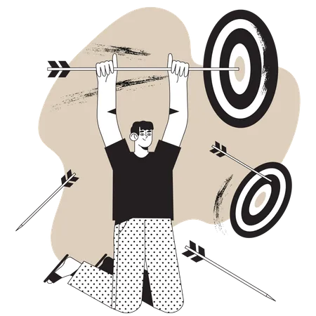 Target Market Group Or Customer Concept In Simple Black And White Line Style For Website Mobile Application Design Or Social Media Ads Man Holds Arrow That Hit Target Or Bulls Eye Work Success Illustration