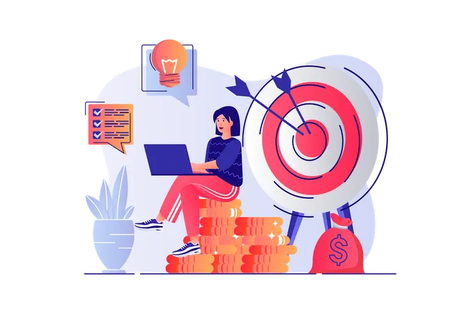 Business Target Concept With People Scene Woman Following Successful Business Strategy Aiming At Target Motivation And Achievement Goals Vector Illustration With Characters In Flat Design For Web Illustration
