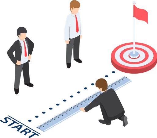 Flat 3 D Isometric Businessman Measuring Distance Between Start Point And Target Business Target Analysis Concept Illustration