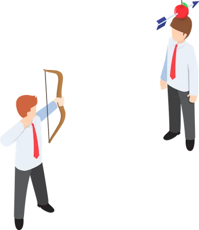 Isometric Businessman Shoot An Apple On Colleague Head By Bow And Arrow Business Target And Risk Management Concept Illustration