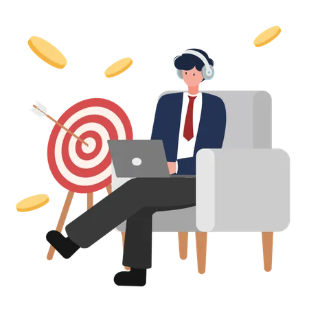Business Targeting Vector Illustration A Businessman With Headphones Working On A Laptop Sitting Next To A Target Board With Arrows Ideal For Business Strategy Marketing And Digital Projects イラスト