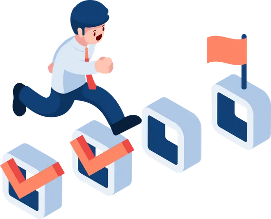 Flat 3 D Isometric Businessman Running Up On Completed Tasks Checklist Business Task Completed And Achievement Concept Illustration