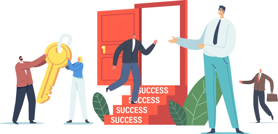 Career Boost Business Task Solution Motivation To Success Concept Business Characters Carry Huge Gold Key To Unlock Door Competition Challenge For Leadership Cartoon People Vector Illustration Illustration