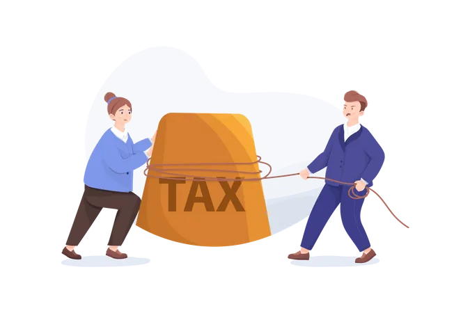 Businesspeople Pull And Push Huge Weight With Tax Inscription Illustration