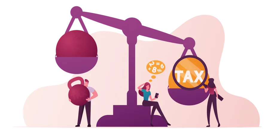 Business Taxation Concept Businesspeople Characters Put Heavy Tax And Money Weight On Huge Scales Bank Loan Taxpayers Make Payment Financial Bankruptcy Poverty Cartoon People Vector Illustration Illustration
