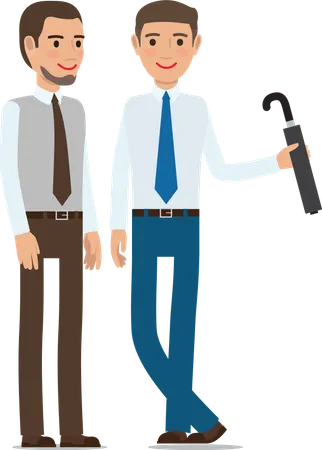 Two Man Stand And Talk Male With Beard And Gentleman With Umbrella Friends In Ties Discussing Something Coworkers Chatting Isolated On White Vector Design Illustration In Flat Style Design Illustration