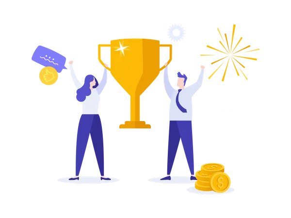 Landing Page Template With Man And Woman Holding Golden Winners Cup Or Prize Together Concept Of Benefits Of Teamwork Business Triumph Work Success Modern Flat Vector Illustration For Website Illustration