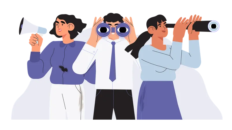 Man With Binoculars Women With Loudspeaker And Spy Glass Concept Employee Job And Candidate Search People Or Office Employees Stand Together And Looking For New Business Or Career Opportunities Illustration