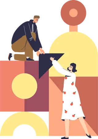 Team Build From Abstract Shapes Creative Man And Woman Cooperating While Work Together Colleagues And Partners Teamwork Concept Cartoon Flat Vector Illustration Illustration