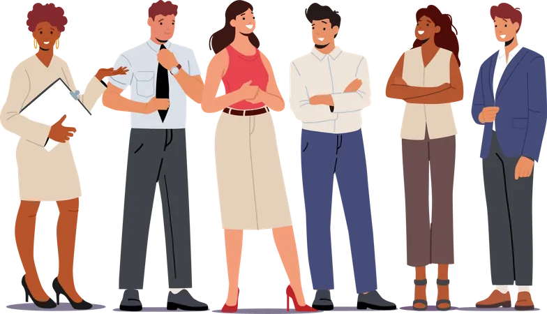 Business People Male And Female Characters Team Stand Together Businessmen And Businesswomen Joyful Managers Colleagues Creative Teamworking Group Office Employees Cartoon Vector Illustration Illustration