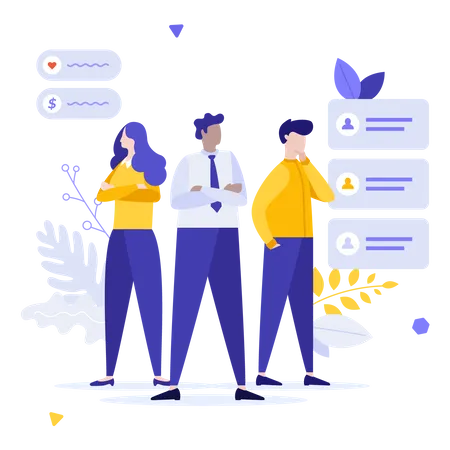 Group Of Clerks Managers Or Office Workers Concept Of List Of Team Features Teammates Or Colleagues Collective Work Organization Corporate Meeting Modern Flat Vector Illustration For Banner 일러스트레이션