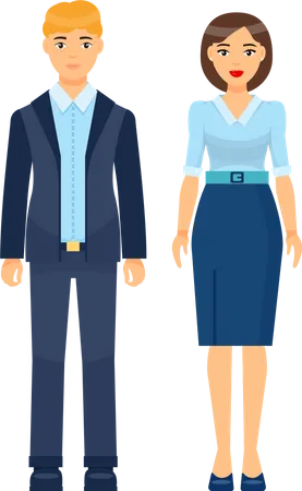 Cartoon Characters Stylish Businesspeople Wearing Office Suits Businessman In Jacket Blue Shirt And Trousers With Belt Businesswoman Wear Elegance Blouse Skirt With Belt Office Dresscode Concept Illustration