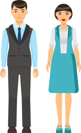 Cartoon Characters Stylish Businesspeople Wearing Office Suits Businessman In Vest Blue Shirt Tie Trousers Businesswoman Wear Turquoise Vest And Skirt With White Blouse Office Dresscode Concept Illustration