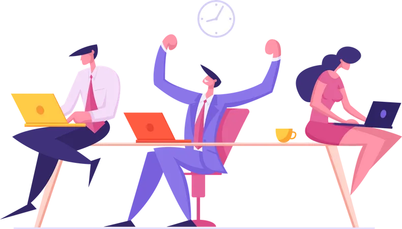 Male And Female Employees Characters Sitting In Office Workplace Cheerful Business Man Demonstrate Muscles Rejoice Of New Working Project Creative Idea Teamwork Group Cartoon Flat Vector Illustration Illustration