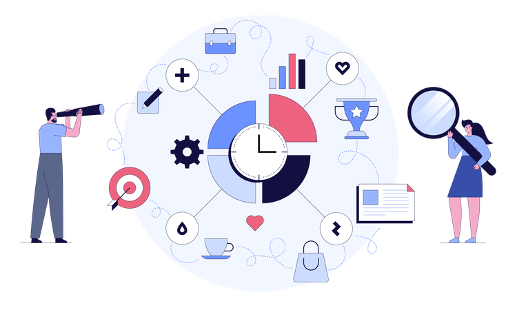 Business team achieving task through effective time planning tools  Illustration