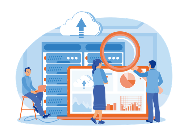 Business Team Analysed Data On Laptop while Storing Data Online In Data Center  Illustration