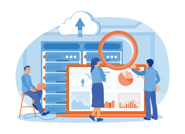 Business Team Analysed Data On Laptop while Storing Data Online In Data Center  Illustration