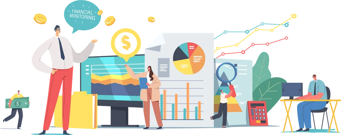 Tiny Business Characters Team Analysing Data And Research Financial Monitoring Report On Huge Dashboard Finance Investment Performance Results Working Meeting Cartoon People Vector Illustration Illustration