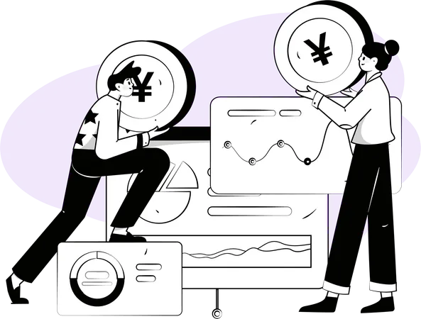 Business team analyzes financial graph  Illustration