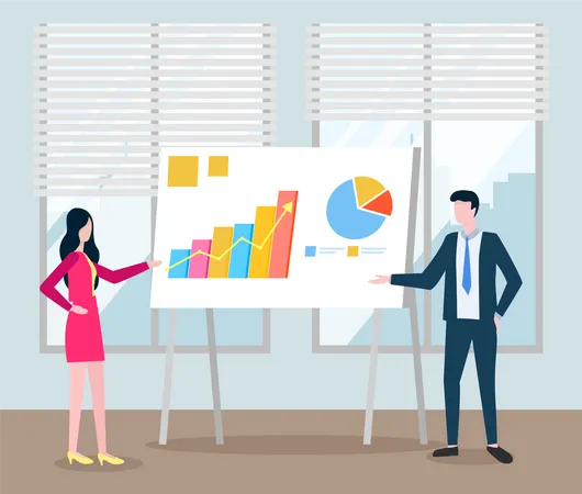The Guy And The Girl Communicate And Work In The Office Together Employees Analyze Data And Study Metrics Income Growth Graph On Background Staff Points To A Chart With Statistics On The Poster Illustration