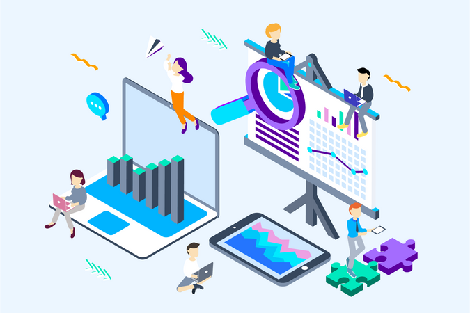 Business team analyzing income charts and graphs with modern laptop computer and Business analysis and strategy concept  Illustration