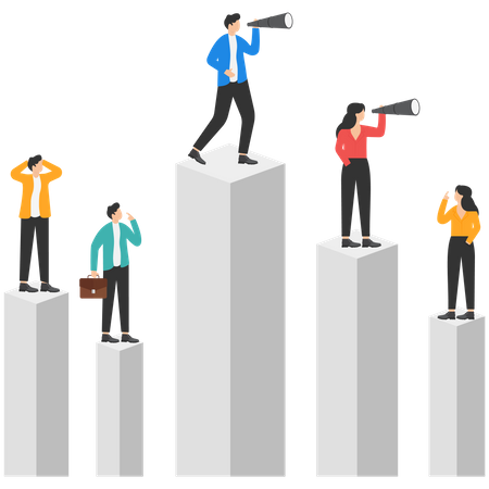 Business team and partner standing on charts  Illustration