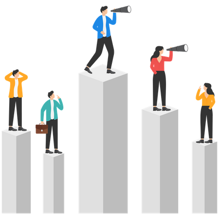 Business team and partner standing on charts  Illustration