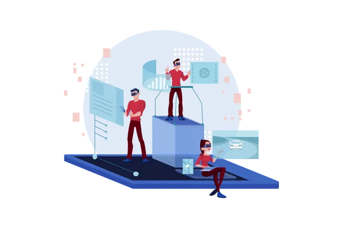 Business-Team arbeitet an VR-Technologie  Illustration