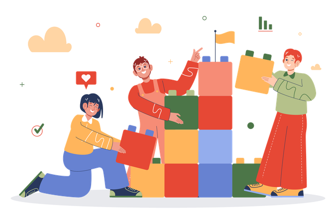 Business team building blocks to achieve target  Illustration