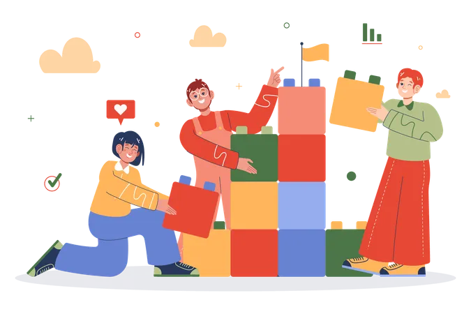 Business team building blocks to achieve target  Illustration