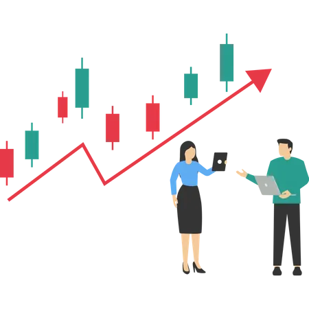 Business Team Building Growth Chart And Setting Up Big Profits A Stock Market Candlestick Chart Rising Motivation Way To Achieve Goals Flat Vector Illustration On A White Background Illustration
