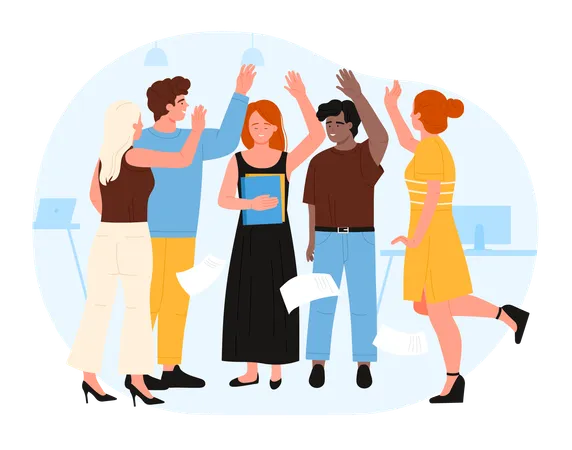 Business Team People Celebrate Victory Together Vector Illustration Cartoon Happy Employees Group With Hands Up Showing Pose Of Success Achievement And Triumph Unity Of Young Cheerful Colleagues Illustration
