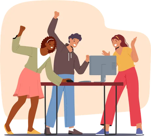 Business Team Characters Celebrates Success Near Computer Smiles High Fives And A Shared Sense Of Achievement Fill The Room As They Rejoice In A Job Well Done Cartoon People Vector Illustration Illustration