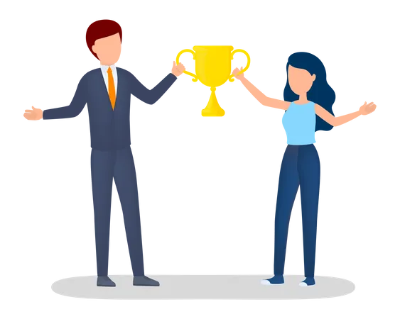 People With Trophy Cup Celebrate Success Idea Of Teamwork And Success Happy Man Has Achievement In Business Isolated Flat Vector Illustration Illustration