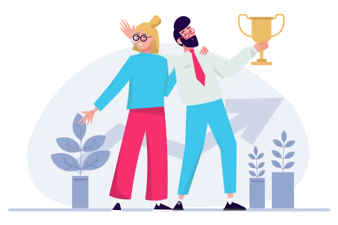 Business Success Concept With People Scene In Flat Cartoon Style Colleagues With A Winners Cup Rejoice For The Success Of Their Business Company Vector Illustration Illustration